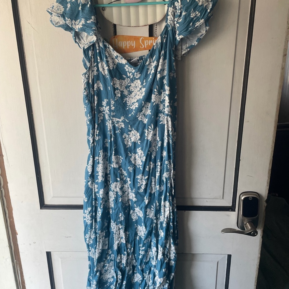 Old Navy Teal Blue Floral Midi Dress with White Flowers